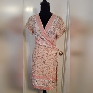 Romantic hut women's floral printed short sleeve summer dress wrap V-Neck midi